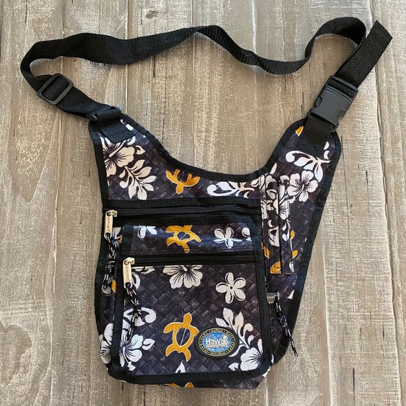 Hawaii Spirit Crossbody Bag Floral Adjustable Strap Black Travel Bag Aloha - Picture 1 of 8